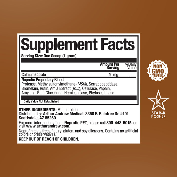 Neprofin PET Supplement facts label